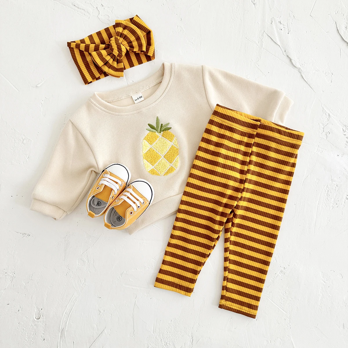3PCS Newborn Baby Boys Clothes Long Sleeved Pineapple Pullover Shirt+Knit Pants+Hair Band Spring Autumn Soft  Children Clothing 2