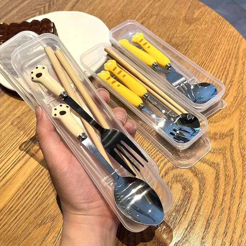 Children Cartoon Animals Cutlery Stainless Steel Spoon Fork Set Portable Outdoor Lunch Tableware Box Kitchen Accessories