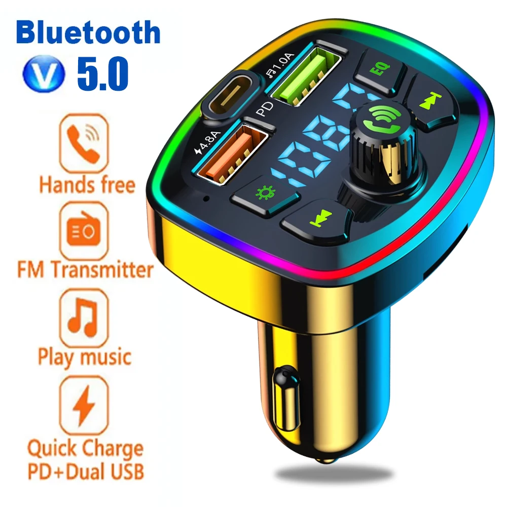 차량용 블루투스 5.0 FM 송신기 듀얼 USB PD 타입 C 고속 충전 핸즈프리 통화 전화 충전기, MP3 플레이어