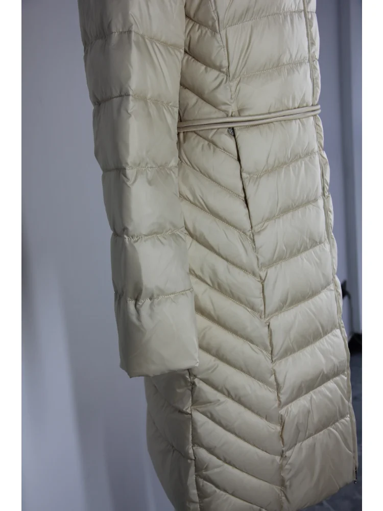 VERALBA Winter Warm Ladies Down Jacket With Fur Collar Belt Waist Collection Fashion Beige Coat Puffer Women Long Goose Female