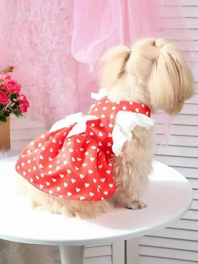여름 공주 강아지 드레스 러브 하트 프린트 레이스 플라이 슬리브 발렌타인 데이 소형 중형견 고양이 강아지용