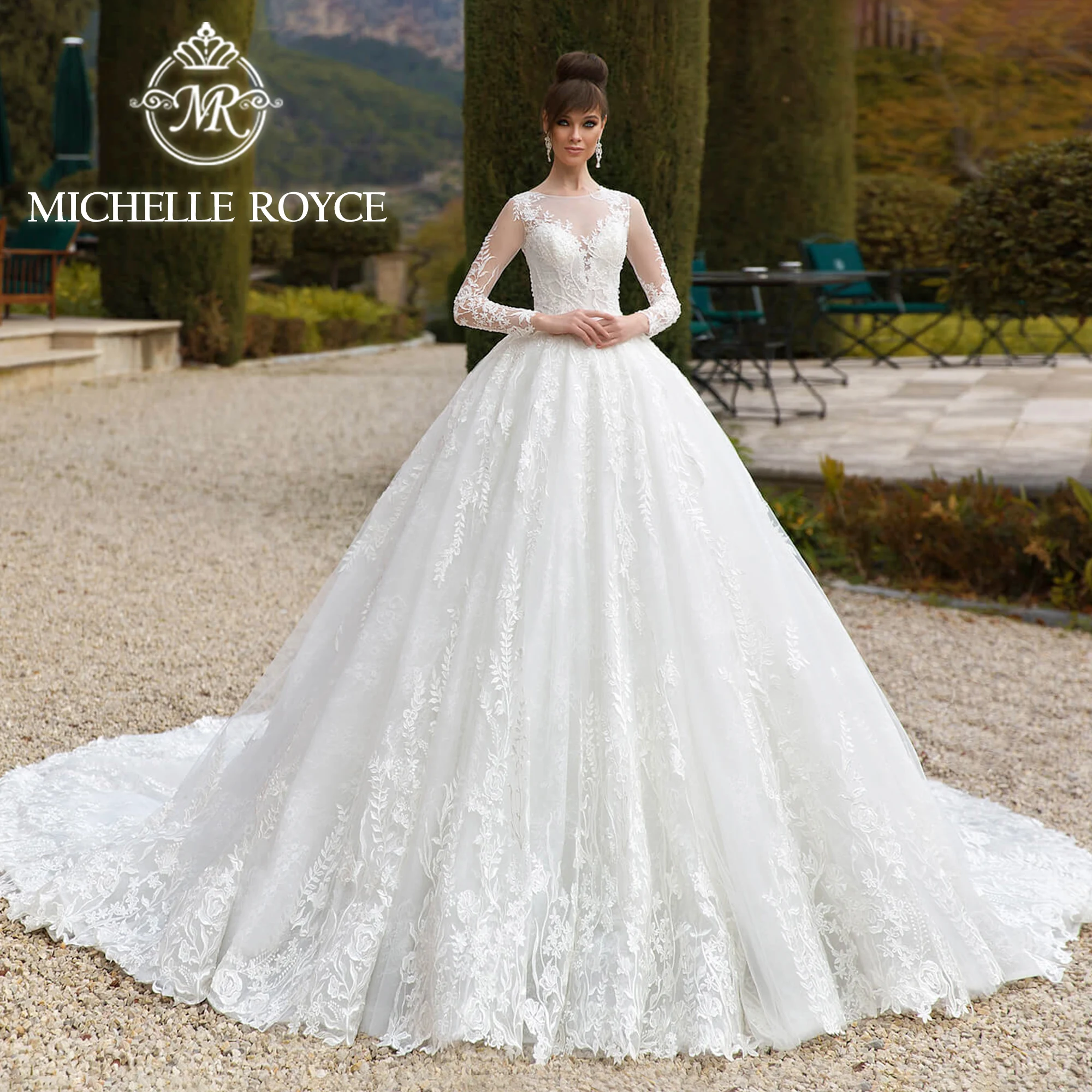 

Michelle Royce Ball Gown Long Sleeve Wedding Dress 2024 Invisible Neckline Appliques Chic Button Wedding Gown Vestidos De Novia