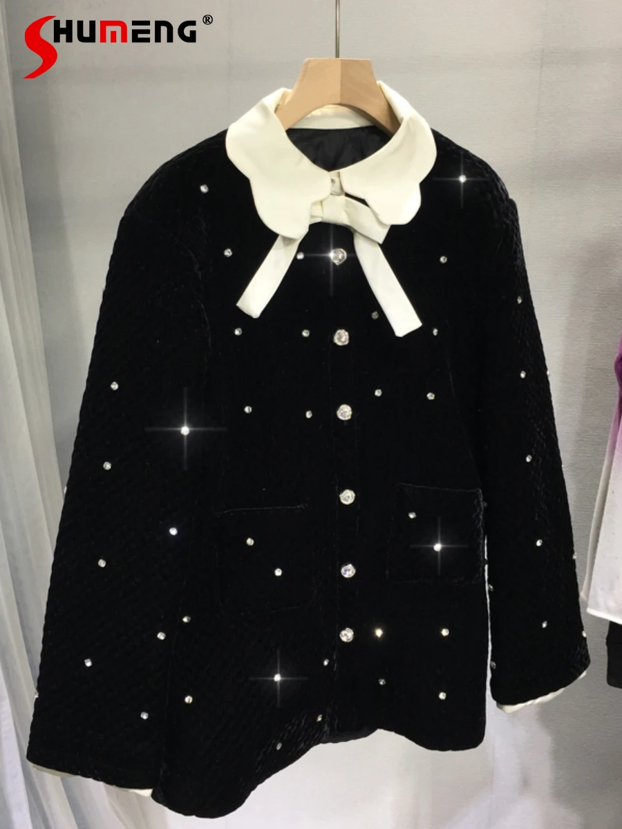 

Fashion Warm Beads Cotton-Padded Jacket Black Pleuche Lady Classic Style Thick Quilted Coat Mid-Length Jackets 2023 Winter New