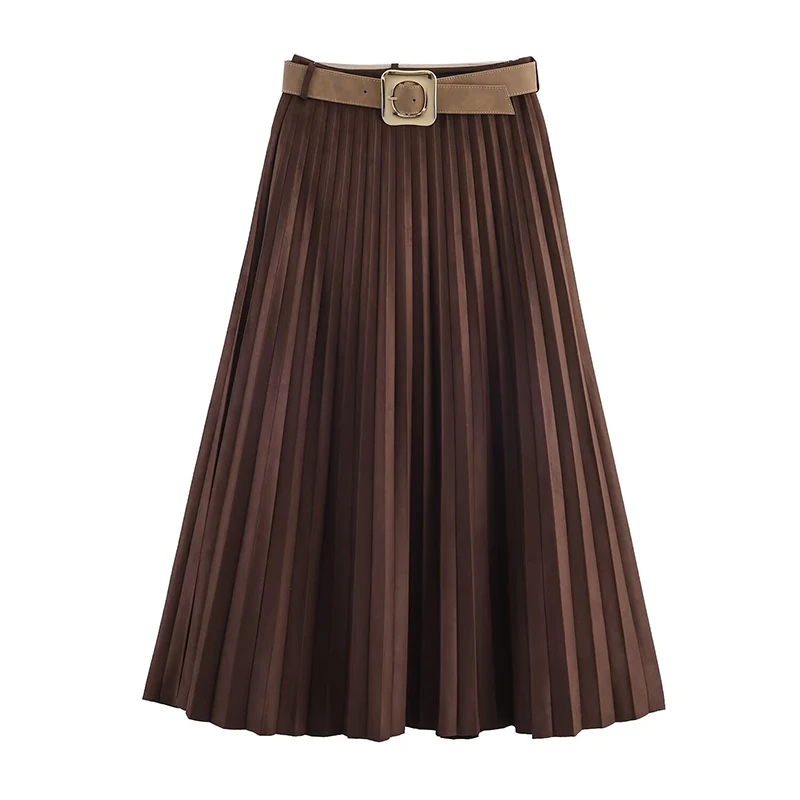 Chic Elegant With Belt Long Skirts For Women Solid Pleated Midi Skirt Sagging Sense Women's Midi Skirt Temperament New Skirts