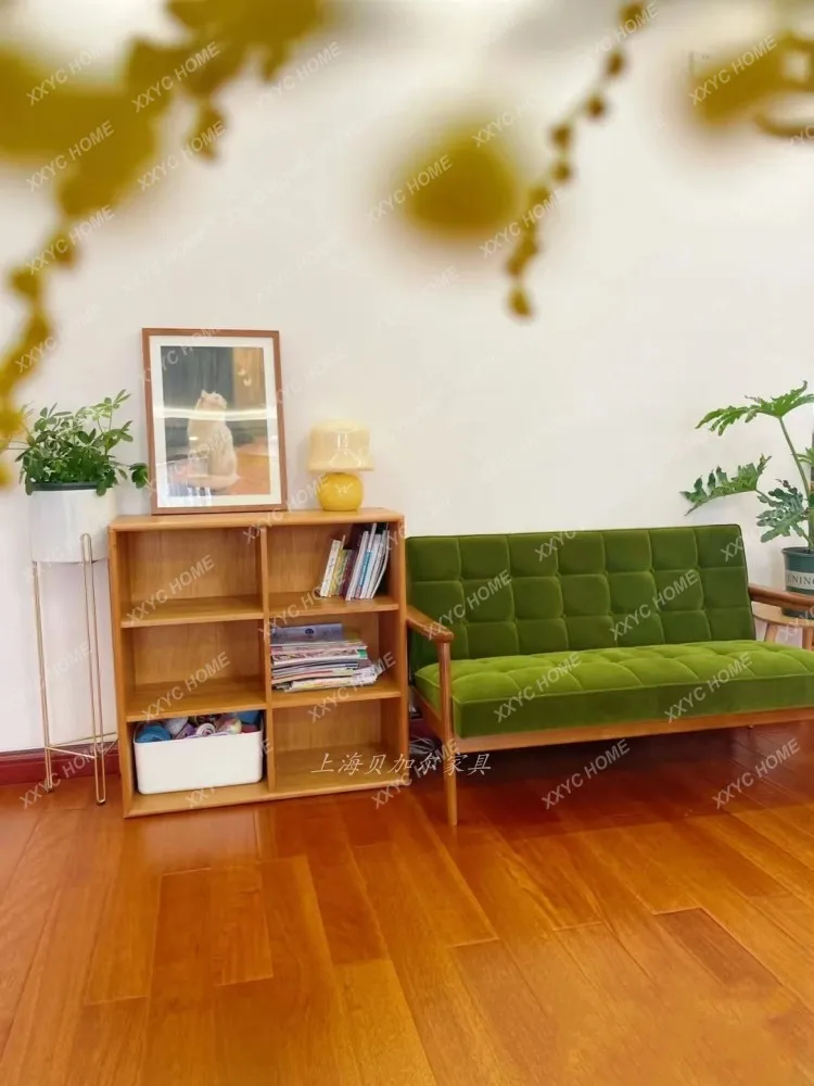 

Green Velvet Solid Wood Double Sofa Simple Armrest Pull Buckle Couch