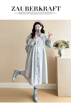 Sweet Pregnant Woman Summer Clothes Puff Sleeve Block Color Peter Pan Collar Maternity Princess Dress Elegant Striped Dresses