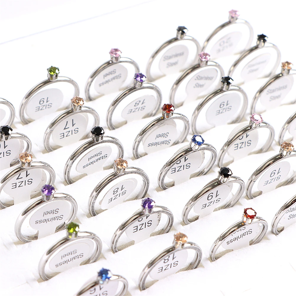 

10Pcs/Lot Fashion Heart Colorful Crystal Stainless Steel Ring Jewelry For Women Gold Silver Plated Wedding Engagement Party Gift