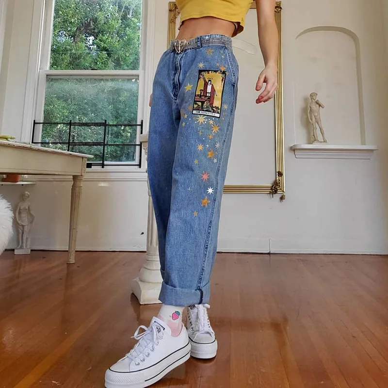 Indie Aesthetic Jeans Women Loose Baggy Mom Jeans 2023 New Casual Fashion People Print Denim Pants Womens All Match Clothes Y2k