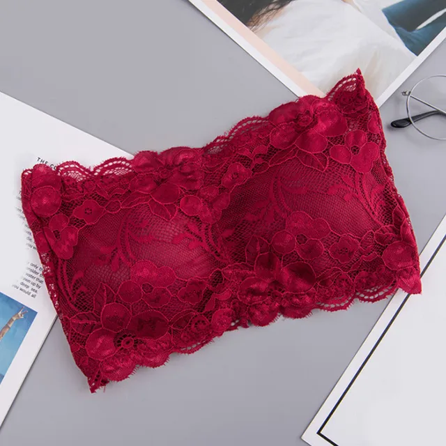 2021 Female Summer Crop Tank Top Women Fashion Deep V Lace Bras Embroidery Floral Tank Top Bra Wrapped Chest Camisole Padded Bra wine red 5