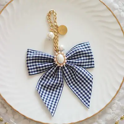 Japanese Cute Girls Pearl Rhinestone Gem Bow Bag Charms Handmade Dream Plaid Lace Handbag Pendant Sweet Bag Accessories