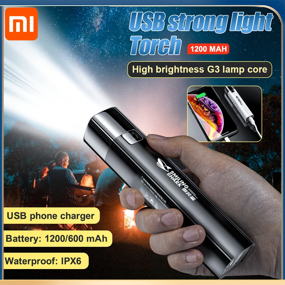 

Xiaomi 600/1200mAh Flashlights USB Mobile Phone Rechargeable Outdoor Strong Light Torch Searchlight For Camping Fishing Hiking