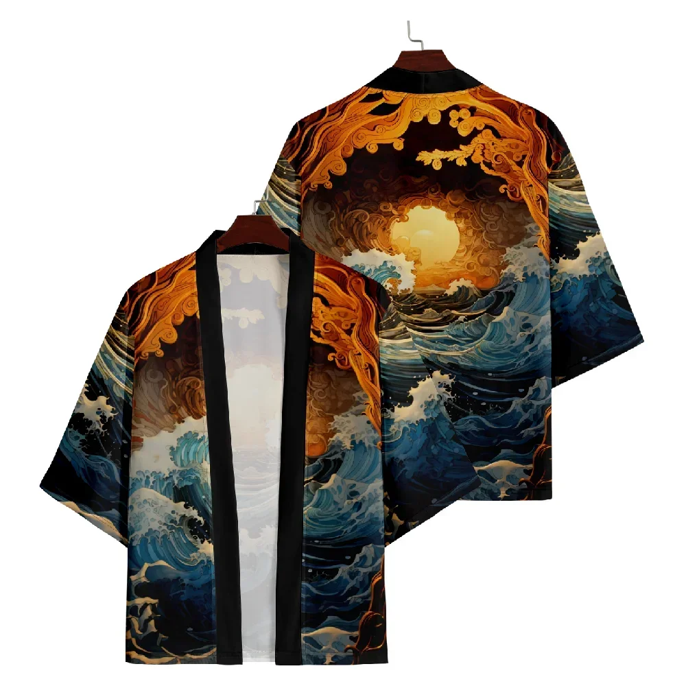 Summer Beach Japan Wave Kimono Anime 3/4 Sleeve Shirt Haoli Fashion Loose Women's Yukata Men's Samurai Robe