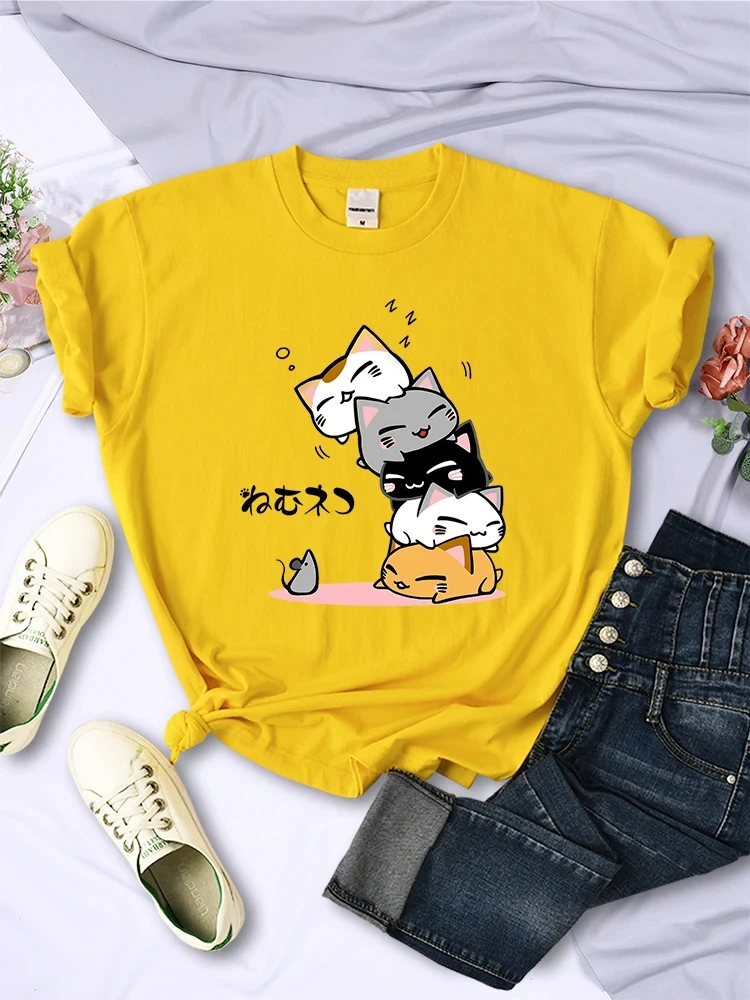 

Summer new children cute folding cat sleep, invisible mouse print T-shirt casual cute loose Kawaii short sleeve little girl top