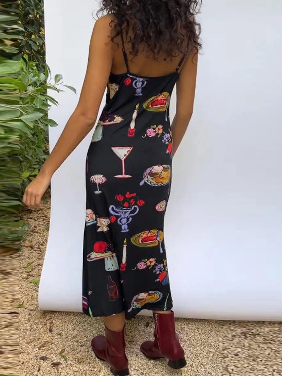 

Women Trendy Table Collection Print Long Dress Sexy Sleeveless Backless Sling Cami Dress Y2k Aesthetic Streetwear