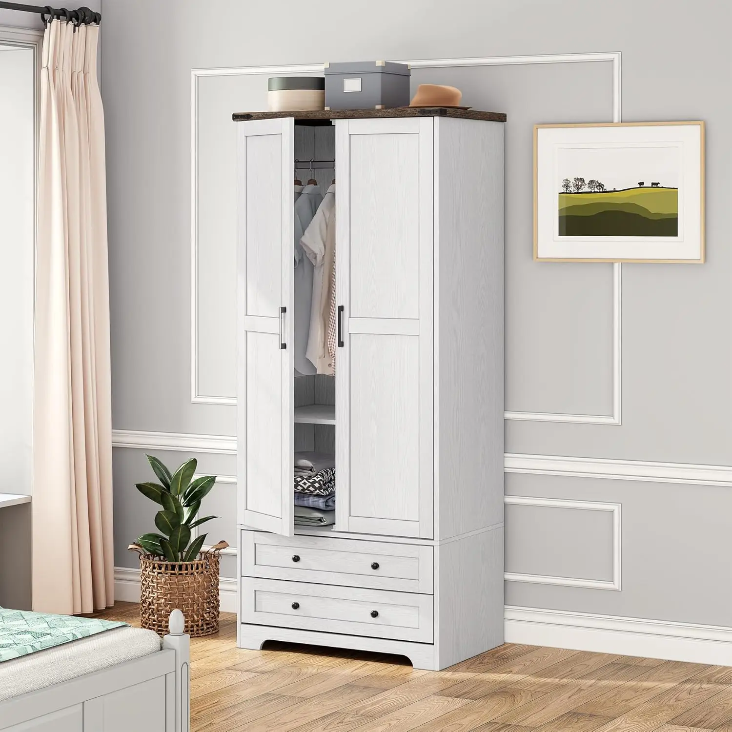 Wardrobe Closet with 2 Modern Doors, 71" Tall Freestanding Closet Wardrobe Cabinet with Drawers and Hanging Rail,