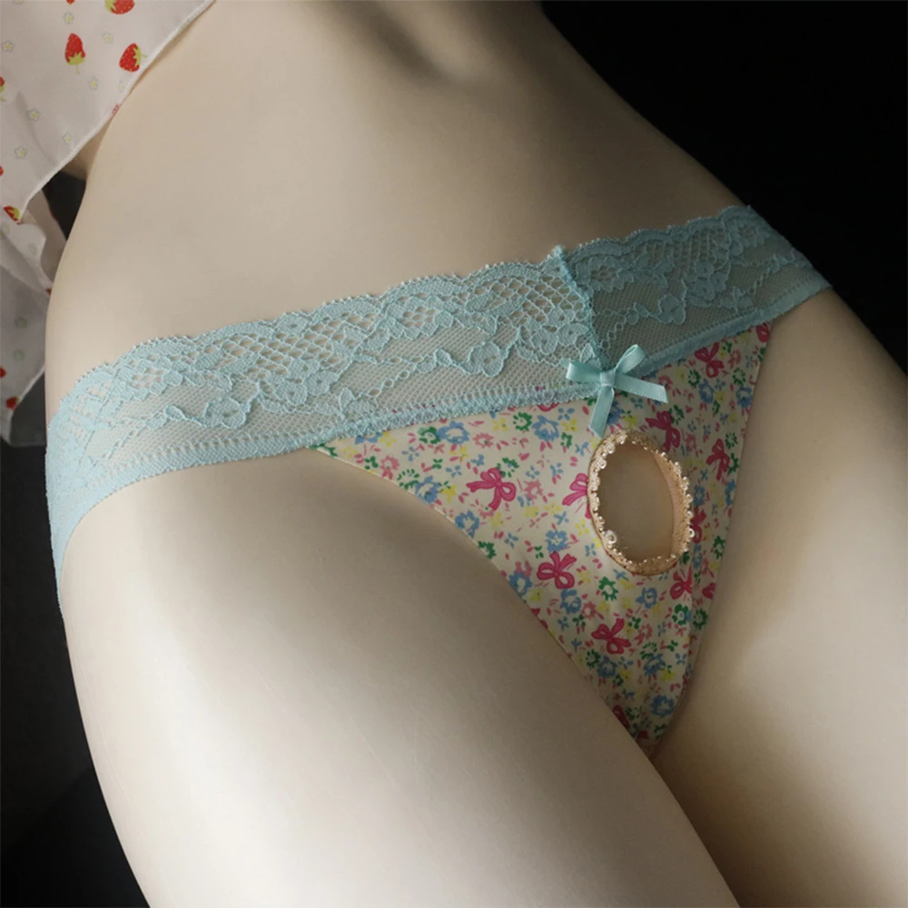 

Men Sissy Lace Briefs Sexy Open Hole Florals Printed G-string Low Rise Knickers Panties T-back Bikini Lingerie Soft Underwear