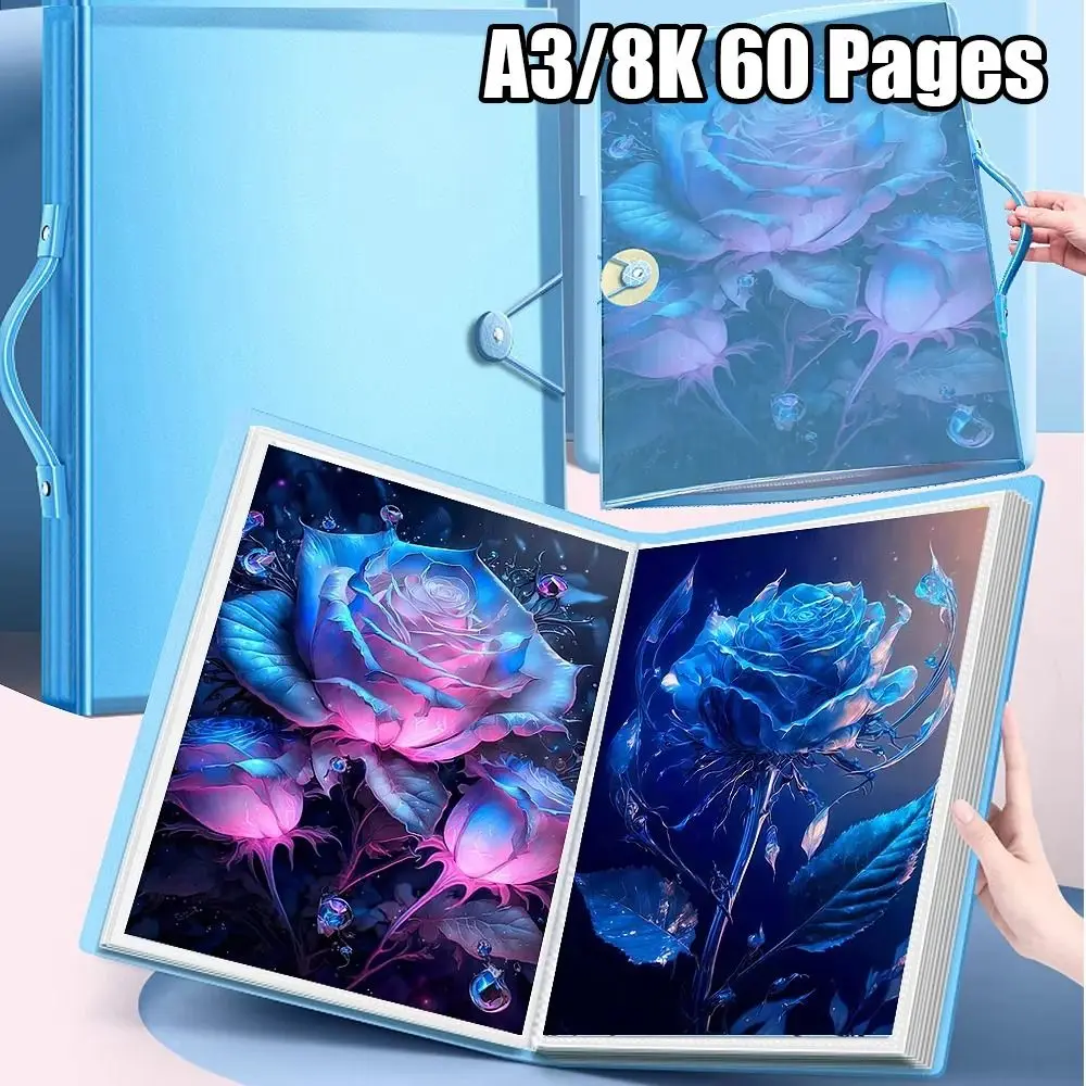 1Pcs 다이아몬드 그림 그림 저장 책 A3/8K 60 페이지 사진 앨범 폴더 대용량 클리어 포켓 데이터 주최자