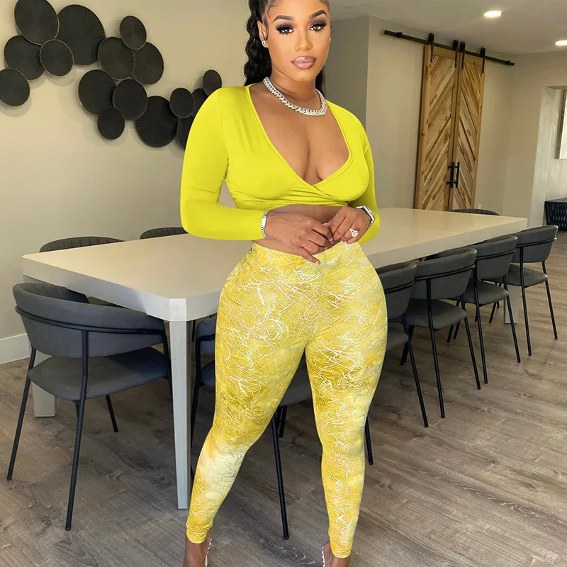 

Sexy Print 2 Piece Set for Women Long Sleeve V-neck Lace-up Crop Top and Pencil Pants Sets Elegant Matching Sets Party Outfits