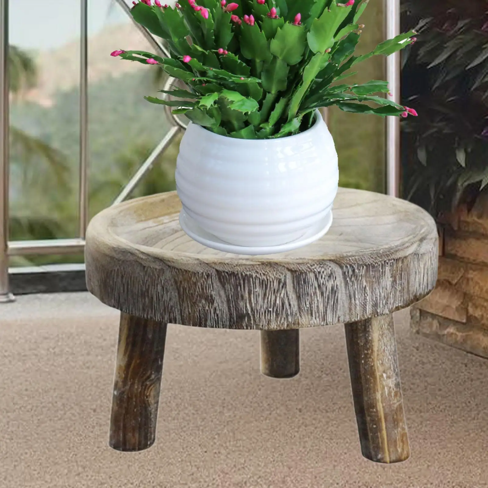 Wooden Planter Stool Stand Plant Flower Pot Stand Potted Riser Support for Garden Home Office Living Room Farmhouse Decoration