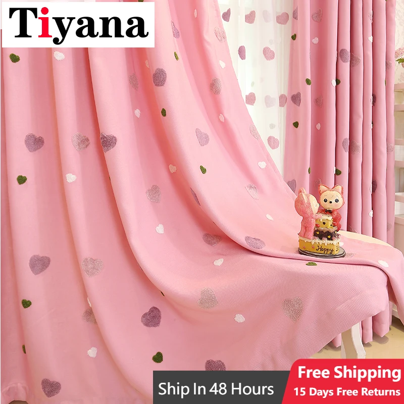 

Cartoon Children Pink Embroidered Sheer Tulle 3D Love Heart Blackout Curtain For Girls Living Room Bedroom Window Drapes Cortina