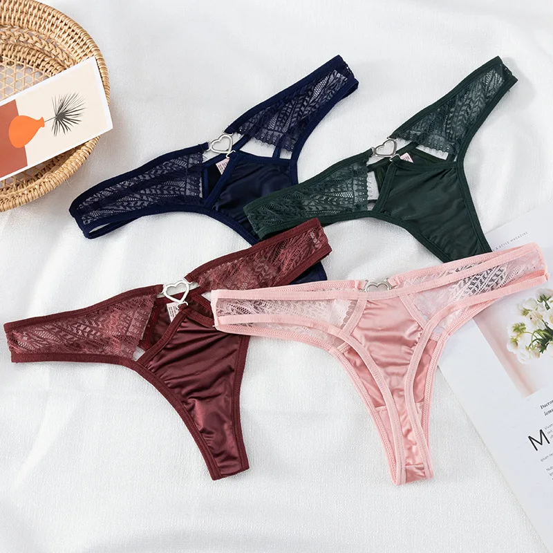 

New Low Rise Hollow Out Satin Panties Tangas Soft Seamless Thongs Sexy G-String Underpants Heart Lingerie Culotte Femme
