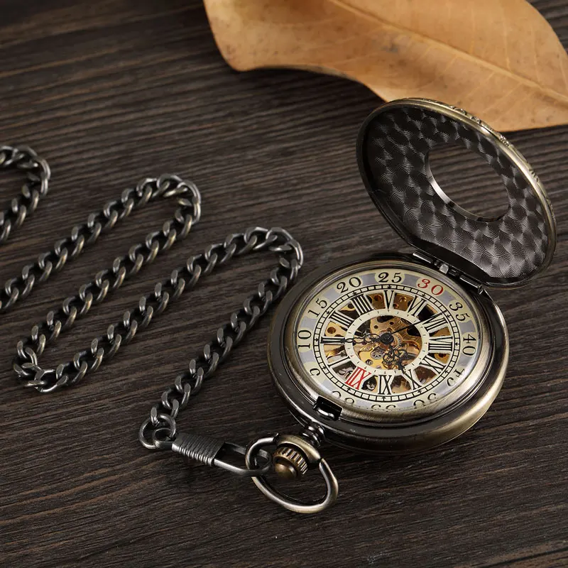 Bronze Mechanical Pocket Watch for Men Double Case Open Side Skeleton Hollow Dial Luxury Roman Clock Male Women with FOB Chain