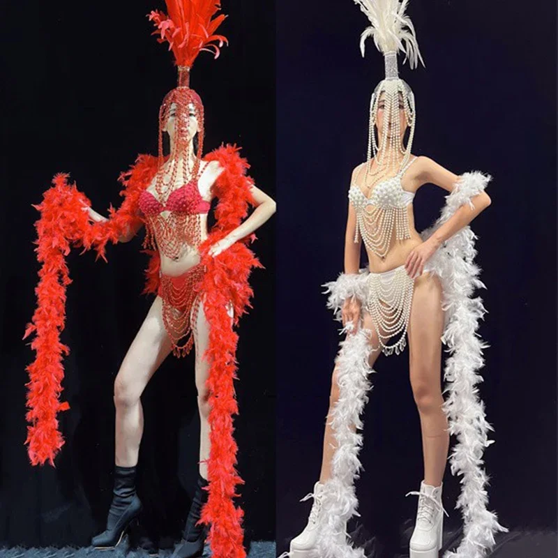 

Nightclub Gogo Show Stage Costume Feather Headdress Shawl Sexy Pearl Bikini Pole Dance Clothes Rave Festival Clothing