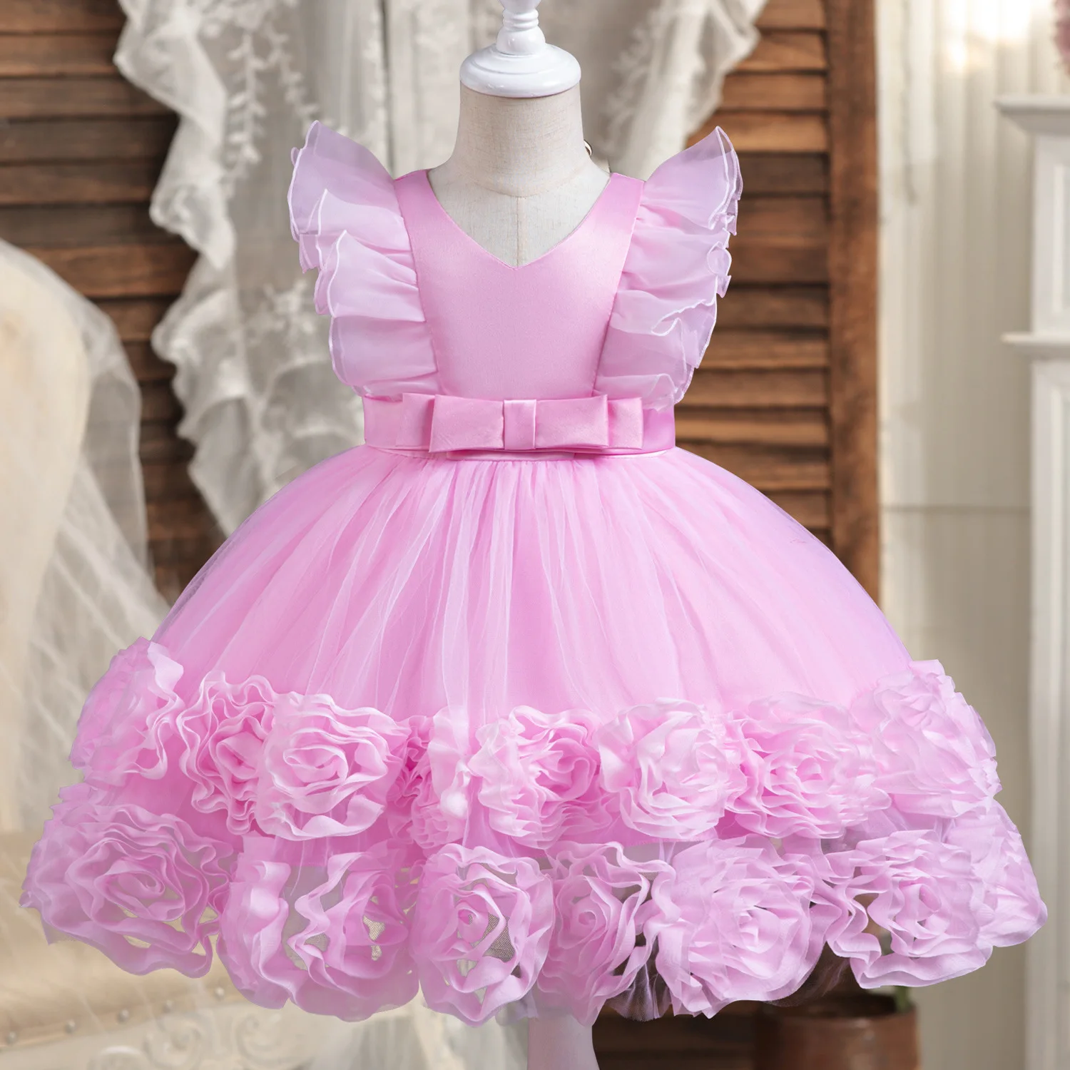 Baby Toddler Ruffled 3D Flower Girls Birthday Party Pageant Toddler Formal Dress RC1120561