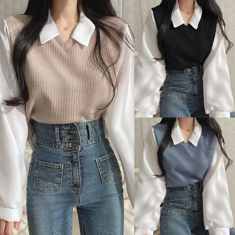 Camisetas de manga larga para mujer, Tops versátiles informales con solapa, Otoño e Invierno - Imagen 4