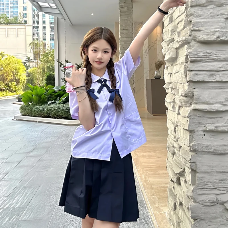 Men/Women JK Uniform Thai Style School Uniforms Short Sleeve White/Light Purple Shirt Preppy Style Pleated Skirt w/bow Tie