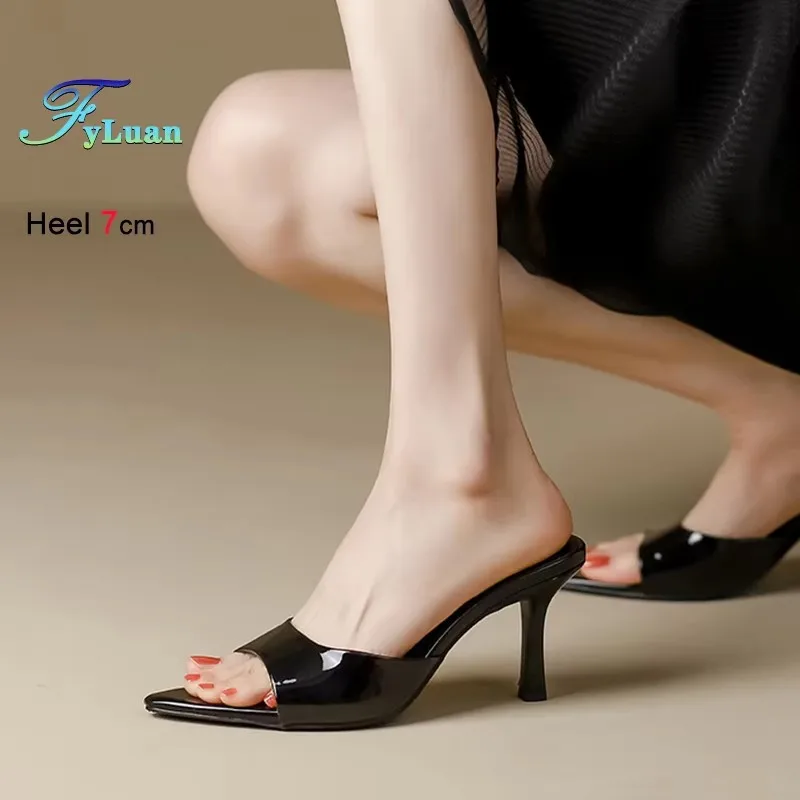 2025 Summer 7cm High-heeled Women's Slippers Pointed Toe Thin Heel Female Shoes Patent Leather Mules Pull On Black Sandals Heels