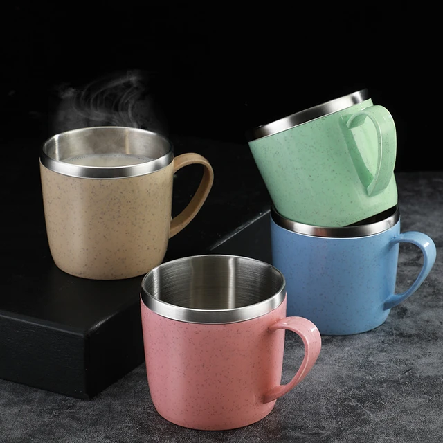 Double Layer Anti-scalding Stainless Steel Cups Plastic Handle Coffee Milk  Mug Tea Drinks Water Cup