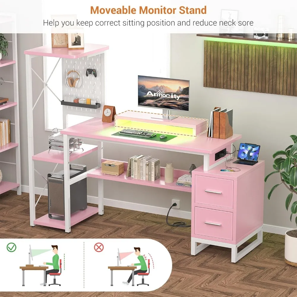 Computer Desk with 2 Fabric Drawers - Reversible Home Office Desk with Power Outlet & LED Lights, 53" Writing Desk 6