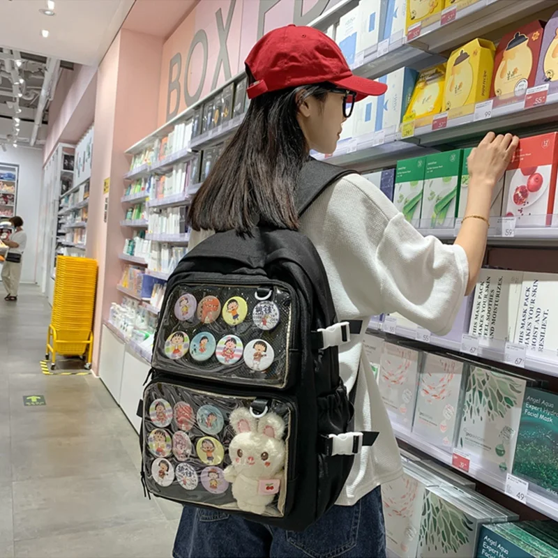 Womens Backpack Ita Bag Large School Bag With Clear Pockets For Pins Display Anime
