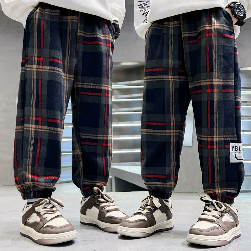 بنطلونات كاجوال للأولاد من 3-12 سنة لفصلي الربيع والخريف، موديل 2026 الجديد، سراويل رياضية فضفاضة من القطن بنقشة مربعات للأطفال، ملابس أطفال