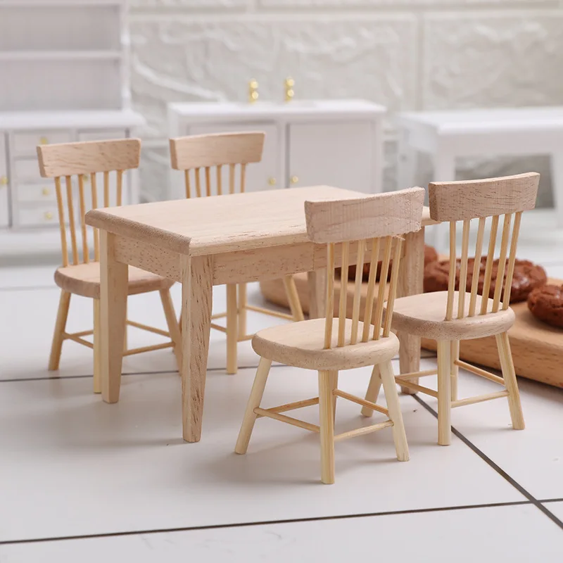 5pcs 1:12 Scale Miniature Wooden Dining Table & Chair Set Dollhouse Micro House Classic Decoration Doll Accessories DIY Gift 1 12 dollhouse miniature round dining table chairs set garden furniture decor мебель для кукол