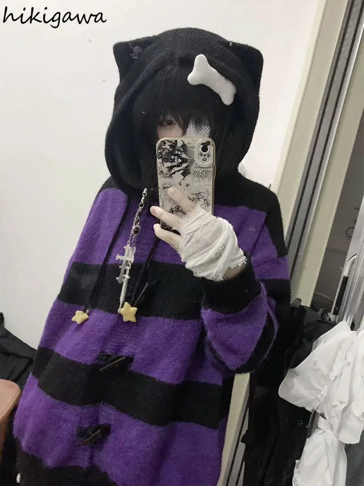 2025 Fall Winter Clothing Striped Sweater Jackets Women Pull Femme Hooded Fashion Cute Sueter Mujer Casual Knitted Y2k Cardigan 3