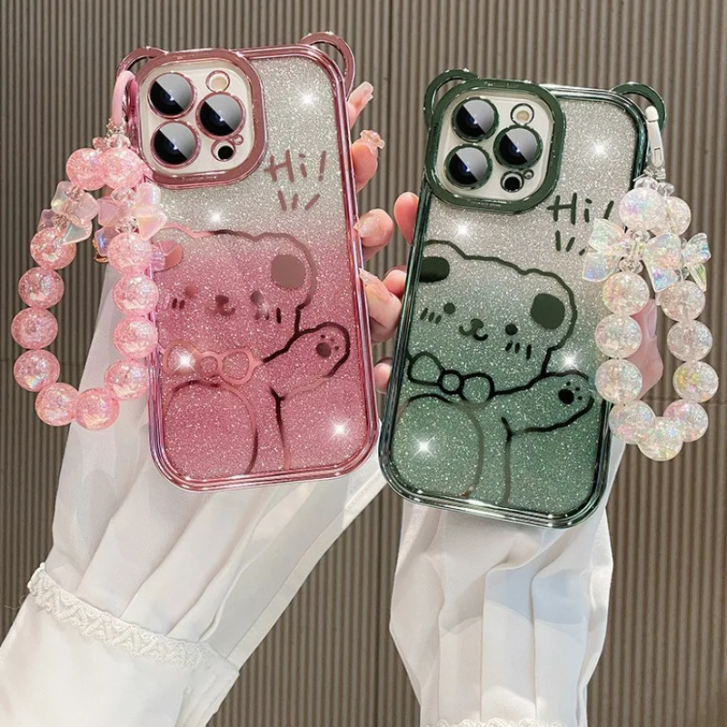 Sparkling Little Bear Bead Pendant Phone Case with Anti-Drop Chain Protection