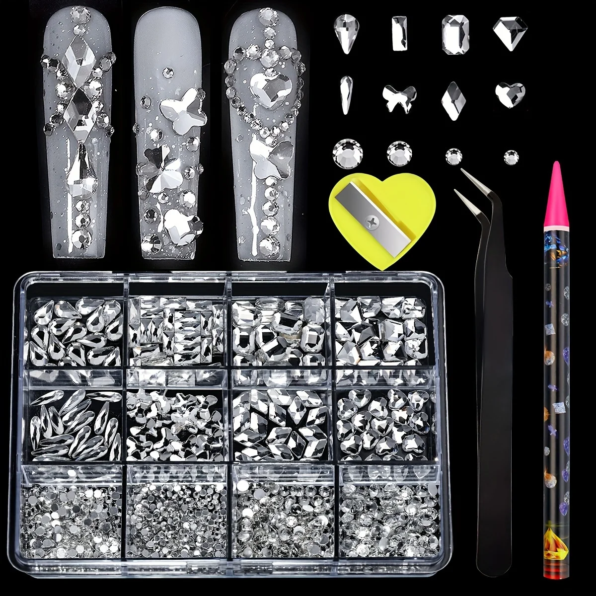 12 Grid AB Pink Rhinestone Nail Art Set Flatback and Assorted Shapes Nail Decorations Sparkling Nail Accessories for Manicure