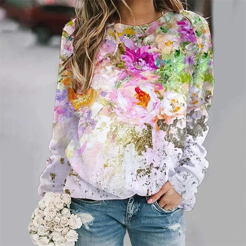 thumbnail image 1 of Nueva camiseta de manga larga con estampado gráfico de pintura al óleo para mujer, camiseta larga de calle con cuello redondo, camiseta holgada Y2k, 1 of 5