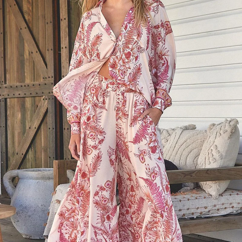 

Female Lapel Single Breasted Shirts+Wide Leg Trousers Suit Fashion Casual Floral Print Outfits New Long Sleeve Holiday Beach Set