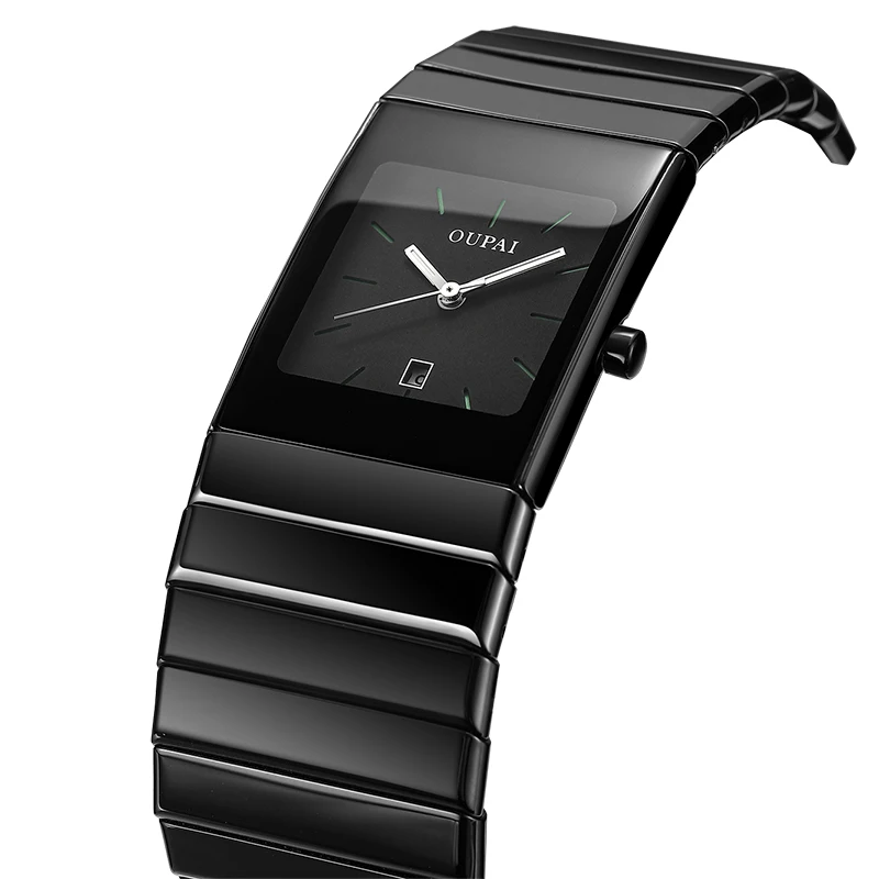 Oupai Square Dial Watch Men's Ceramic Strap 24mm Rectangular Watch Stud Scale Luminous Date Display Simple Casual Fashion Suitab 3