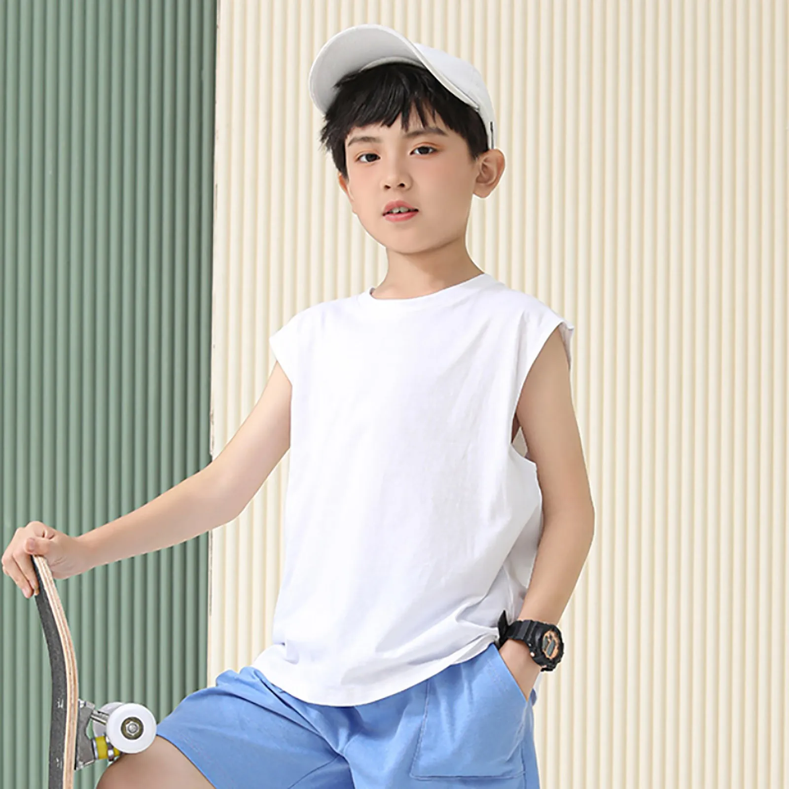 새로운 탑 소년 민소매 조끼 탑 편안한 부드러운 통기성 유행 솔리드 컬러 캐주얼 조끼 여름 캐주얼 아동복