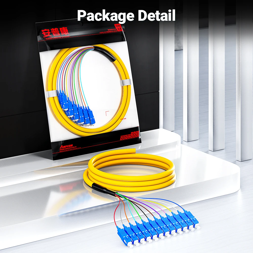 AMPCOM SC Fiber Optic Pigtail Assemblies, 12 Fibers Single Mode 9/125&mu;m LSZH UPC 12-bundle Pigtails for Fusion Splice Tray 1.5m