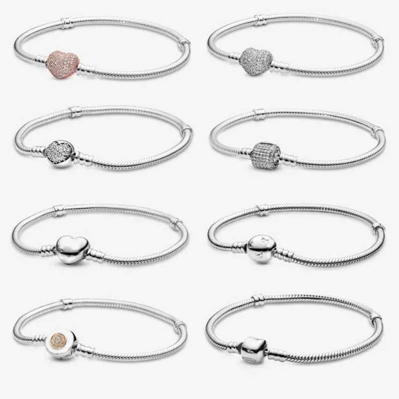 

Fashion silver color Bracelet Snake Chain Heart Clasp fit Original Charms Beads DIY Women's Jewelry Gift