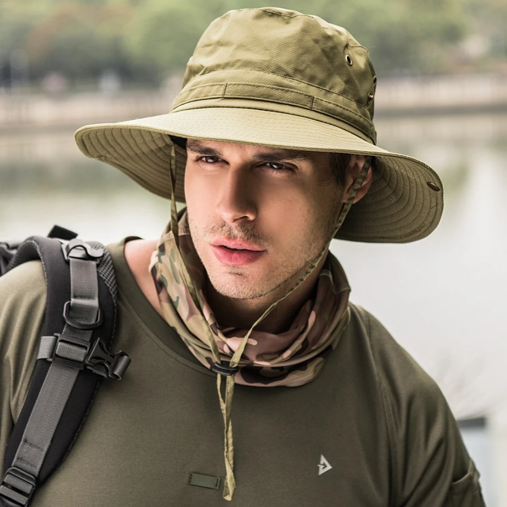 Sombrero de cubo para hombre, Gorra de pesca de ala grande, Color sólido,  impermeable, para acampar al aire libre, senderismo, pescador, Anti-UV,  para