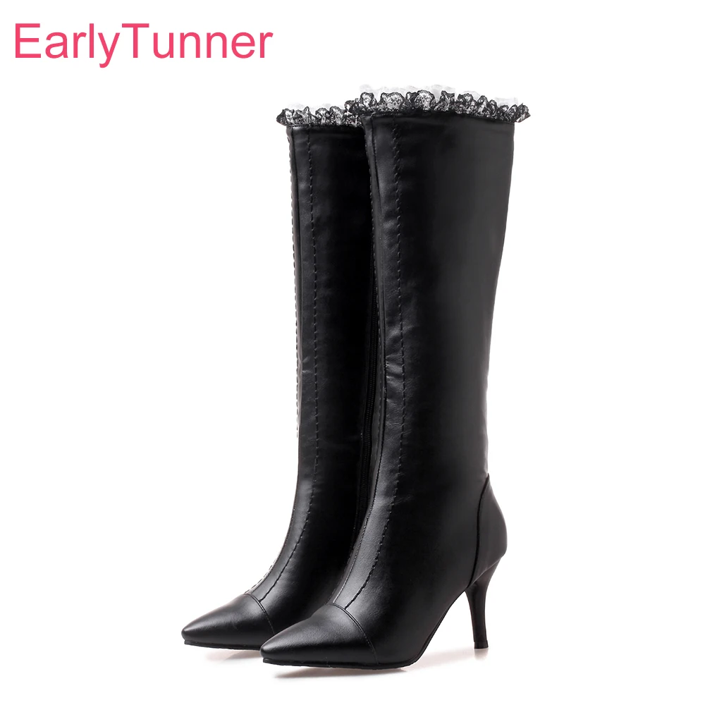 

Brand New Winter Black White Women Knee High Boots Lady Show Shoes ES618 High Heel Plus Big Small Size 10 36 43 46