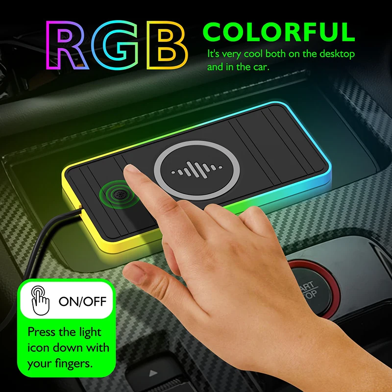 차량용 무선 충전기 RGB 조명 조정 미끄럼 방지 충전기 패드, 아이폰 15, 14, 13, 12, 삼성 에어프로드, 차량용 고속 휴대폰 충전, 15W