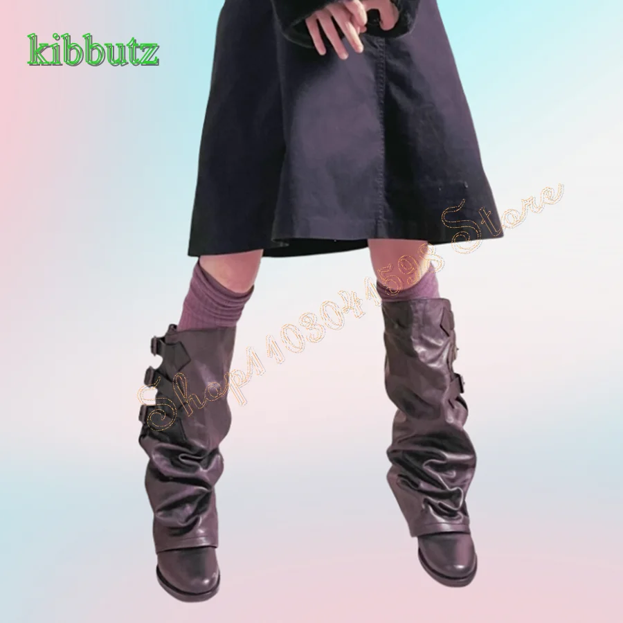 

Vintage Buckled Leather Knee High Boots,Round Toe Low Heel Knight Boots Camping Party Women Boots 2024 New Zapatos Para Mujere