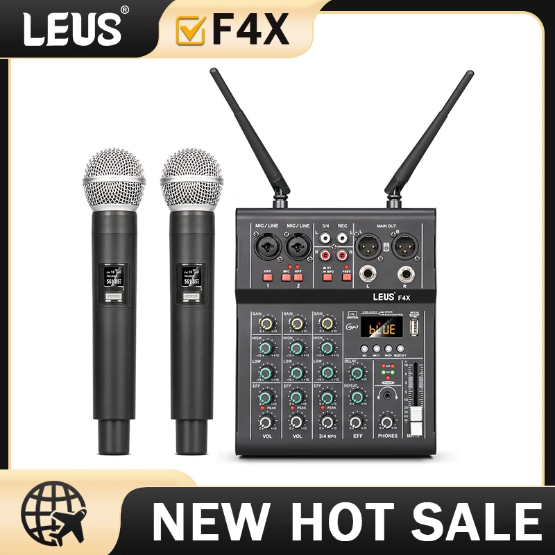 Audio Mixer LEUS F4X 4 Channel With Dual UHF Wireless Microphone DJ Console For karaoke Party PC Studio Recording